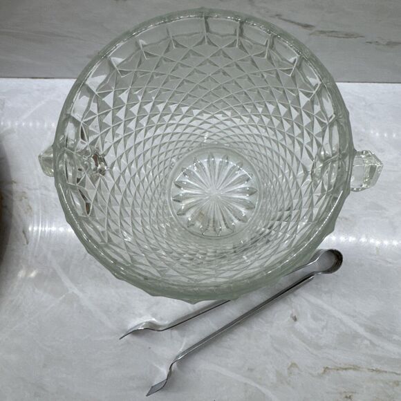 Vintage Anchor Hocking Ice Bucket w/ Tongs Diamond Cut Mid Century Modern Beauty - Picture 2 of 5